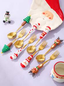 1 set de vaisselle pour fête de Noël, set de cuillère et fourchette en acier inoxydable avec personnages de Noël, 4 pièces de cuillère et fourchette à fruits en acier inoxydable créatives