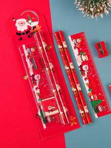 1 Set Christmas Stationery Set, Pencil, Eraser, Sharpener, Ruler, Pencil Case, 5pcs Student Supplies, Suitable For Back To School