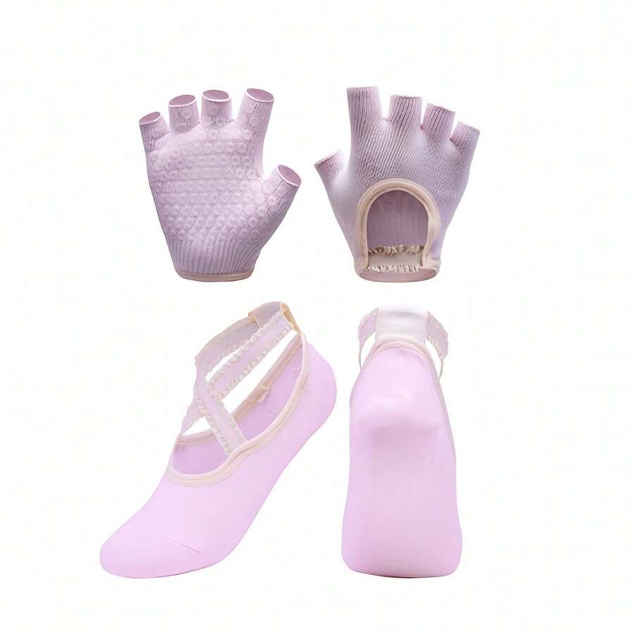 Yoga And Pilates Grip Sock And Fingerless Glove Set With Anti-Slip Design And Elastic Straps For Secure Fit - Pink - Pink - View 1