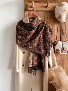 1pc Faux Cashmere Minimalist Four-Leaf Clover Jacquard Knit Warm Scarf For Women, Bohemian Style, Versatile For Autumn/Winter, Suitable For Daily Matching, Outdoor, Travel For Dress