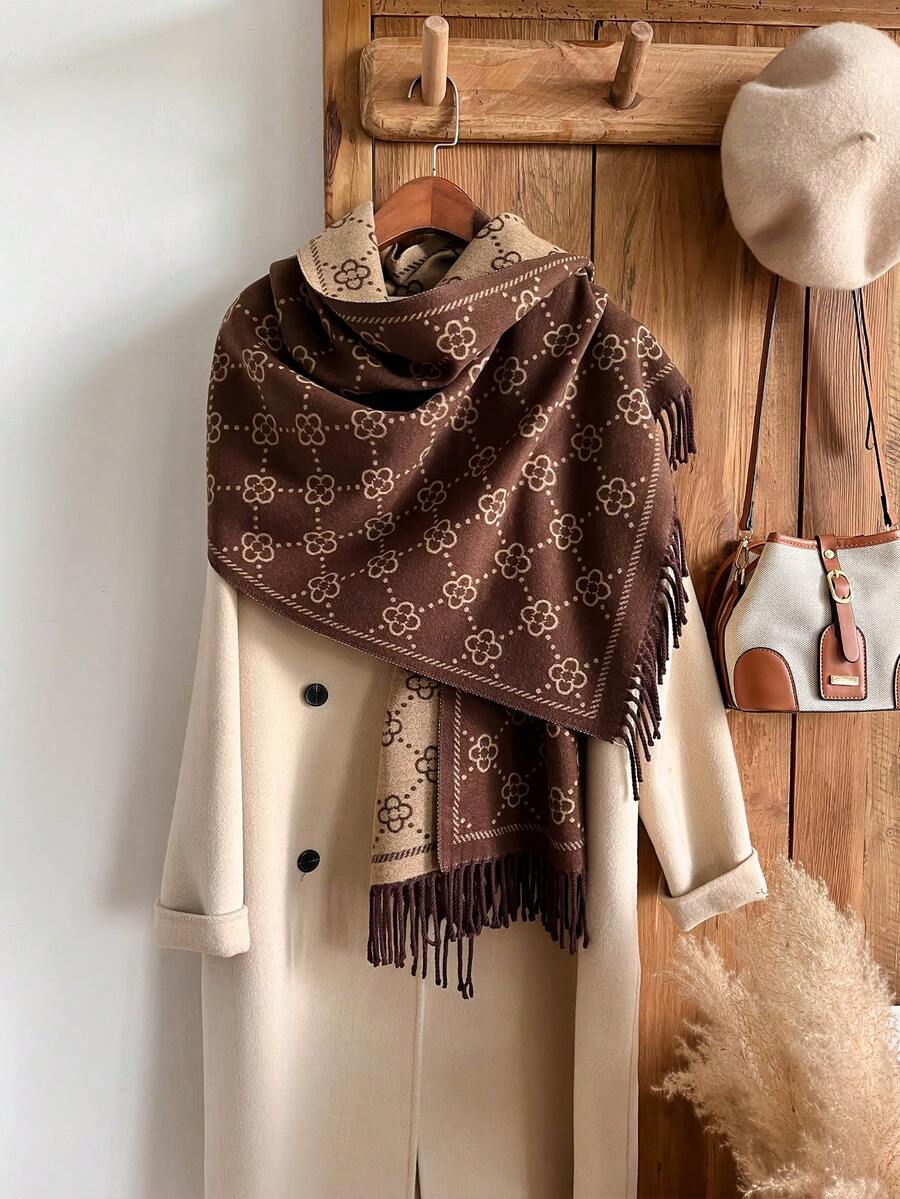 1 chiếc khăn choàng cổ len Jacquard giả cashmere tối giản họa tiết cỏ bốn lá dành cho nữ, phong cách Bohemian, đa năng cho mùa thu/đông, thích hợp để phối đồ hàng ngày, ngoài trời, du lịch cho trang phục - màu nâu - Xem 1