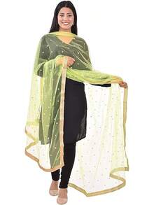 Woman's Embellished Net Dupatta Scarf Shawl Wrap Soft Bridal Wedding - Yellow Green - View 1