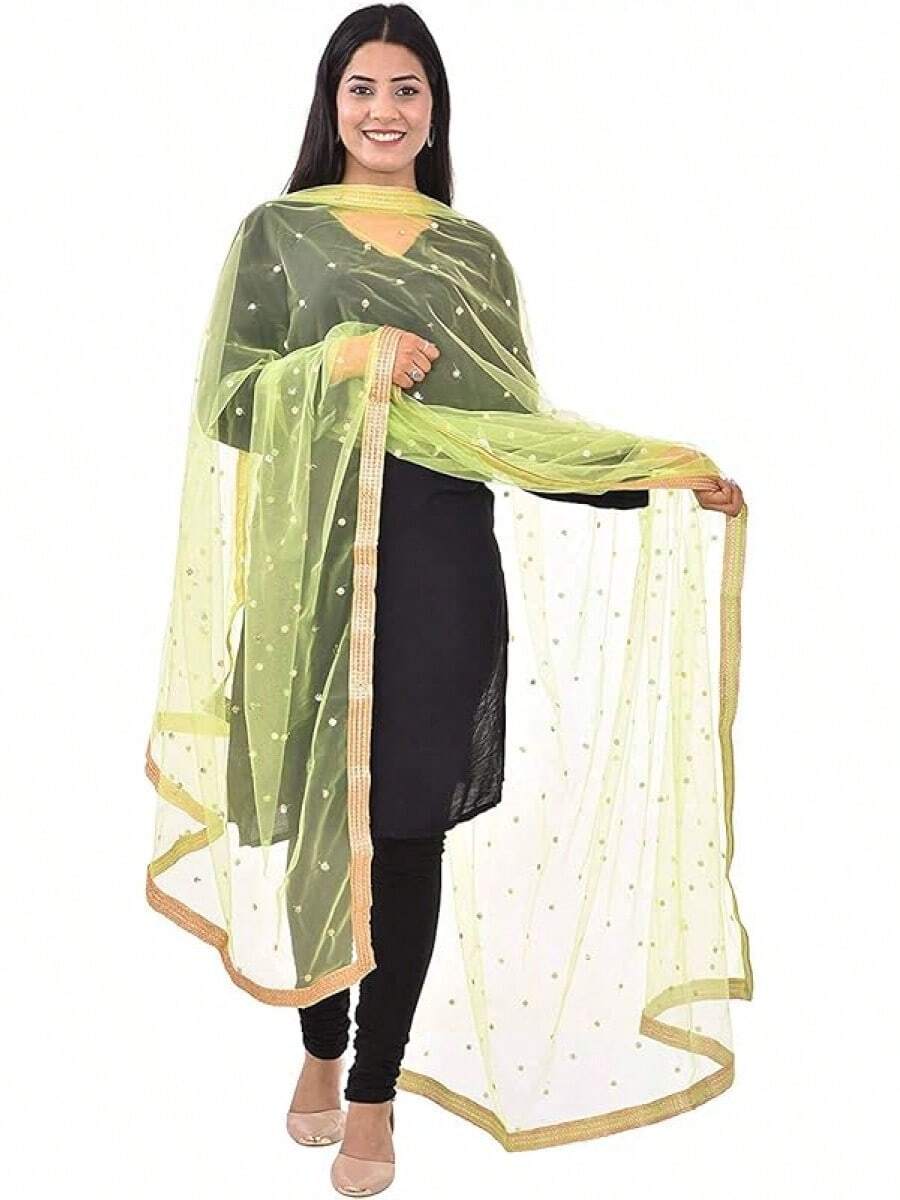 Woman's Embellished Net Dupatta Scarf Shawl Wrap Soft Bridal Wedding - Yellow Green - View 1