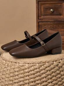 MonaNise Women's 3cm Cloth Covered Heel Black Fashion Versatile Navy Blue, Coffee, Burgundy Mary Jane Low Chunky Heel Elegant Flats - Coffee Brown - View 5