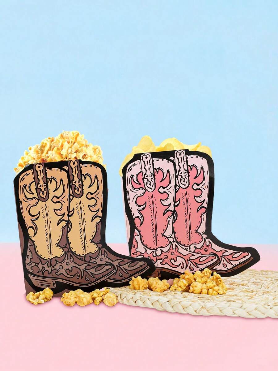 10pcs/20pcs/50pcs Brown Cowboy Popcorn Boxes Pink Western Cowgirl Boots Popcorn Snack Candy Boxes Decorations Supplies Buckets For Boots Or Bows Gender Reveal My First Rodeo Birthday Party Table Decor Western Party Favors & Decorations Set - Multicolor - View 1