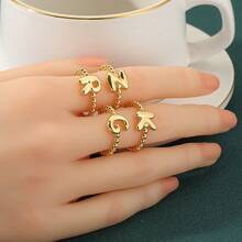 创意镀金气球气泡小字母开口戒指防水可叠戴女士 A-Z 字母串珠手指饰品 - 金色 - 查看 10