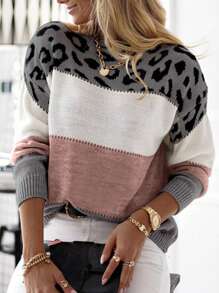 Women's Oversized Cute Colorblock Leopard Print Sweater, Casual Comfortable Ribbed Knit Crew Neck Long Sleeve Pullover Top - Multicolor - View 4