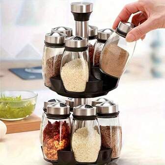 1set Spice And Seasoning Container Set, Rotating Tabletop Spice Rack With Jars, Spice Tower Organizer For Countertops Or Cabinets, Multifunctional Rotating Seasoning Jar Organizer, Kitchen Spice Storage Bottles, Kitchen Accessories
