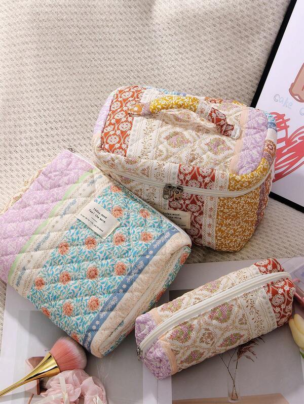 1pc Striped Contrast Quilted Floral Portable Travel Bag, Large Capacity Fashion Casual Cosmetic Bag, Suitable For Travel Storage, Stationery, Cosmetics, Earphones, Chargers, Lipsticks, Skincare, Home Decor, Great Gift For Moms, Nurses, Students, School Girls, Holidays