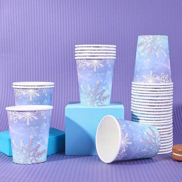 Copos descartáveis para festa em formato de floco de neve, 10/20/40 unidades, 9 oz, para uso diário, café, bebidas quentes e frias, tema Frozen, para festas de aniversário, Natal