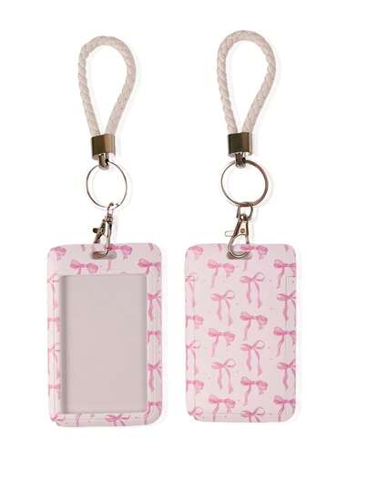 1pc Cute Bow Slide Card Holder, Butterfly Pattern Student Card Case/Badge Holder
