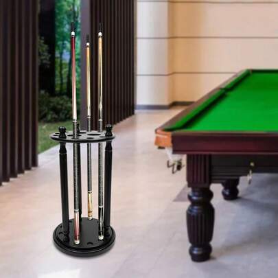 9-Hole Pool Cue Holder – Heavy-Duty Rubber Wood Stand With 360° Rotating Cup Holders, Space-Saving Design For Billiard Sticks, Golf Clubs & Fishing Rods – Easy Assembly, Modern Black (Cues Not Included)