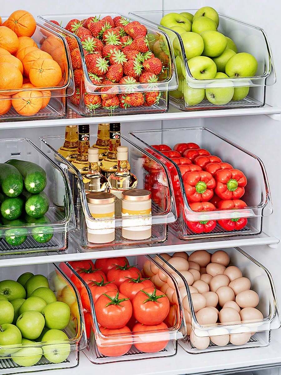 1pc/2pcs Refrigerator Storage Box, Clear Durable Storage Bin, Stackable Large Capacity Storage Bucket For Refrigerator, Freezer, Kitchen Cabinet, Pantry, Kitchen Storage Box And Cabinet, Kitchen Accessories,Fridge Organizer,Snack Box,Spice Containrs,Valentine's Day Back To School - Trong sáng - Xem 1