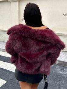 DEEKA Autumn/Winter New Thickened Faux Fox Fur Collar Faux Fur Jacket, YoungElegantt Mid-Length Artificial Fur Coat - Burgundy - View 7