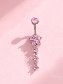 1pc Stainless Steel Navel Ring With 4-Segment Flower Pendant, Snowflake Charm, Sexy Long Belly Button Jewelry For Women, Everyday Wear