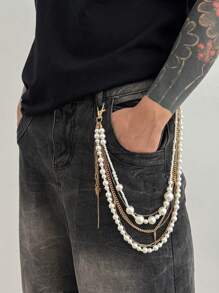 1pc Men's Faux Pearl Hand-Woven Fashion Accessory, Hiphop Punk Style Pants Chain, Key Holder, Waist Decor For Daily, Party, Holiday, Jewelry Gift - Single Layer - View 6