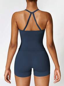 2 PCS Set Women's Sports Suit Vest Fitness Suit Tight Running Vest And Shorts Set High Stretch Fitness Yoga Top Tank Home Casual Comfortable Skin Friendly Suit - 藏蓝色 - 查看 4
