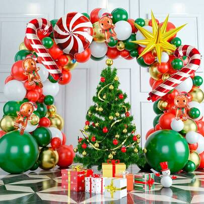 A Set Of Christmas Balloon Garland Arch Kit, Metal Gold Confetti Balloon Bag, Red, White, Green, Candy Stick Aluminum Foil Balloons, Santa Claus, Explosion Star, Gingerbread Man, Red Windmill, Suitable For Decorating Christmas Party Scenes, Birthdays, Holiday Scenes Balloons,