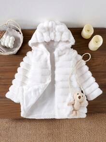 Young Girls Cute Bear Hooded Plush Jacket With Bear Doll Backpack Accessory, Autumn/Winter