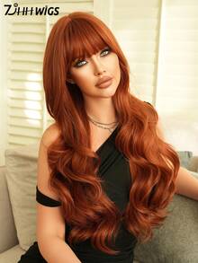 7JHH WIGS Stylish Ginger Orange Wigs Extra Long Wavy Wig With Bangs, High Density Heat-Resistant Fiber Hair, Fluffy Natural Synthetic Ginger Wigs For Women Halloween Party Use 28 Inch Beginners Glueless Wig Accessories - 薑色 - 查看 4