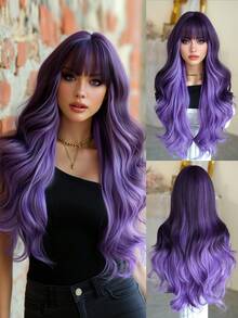 7JHH WIGS Stylish Purple Balayage Wigs Extra Long Wavy Wig With Bangs, High Density Heat-Resistant Fiber Hair, Fluffy Natural Synthetic Wave Curly Wigs For Women Halloween Party Use 28 Inch Cosplay Costume Wig Accessories - 挑染紫色 - 查看 2