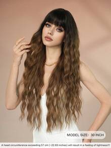 7JHH WIGS Olive Brown Ombre Wig Loose Extra Long Wavy Wigs For Women, Synthetic Wave Curly Wig With Bangs Dark Roots Hairline, Silky Soft Heat Resistant Fiber Hair For Daily Wear, Music Festivals Celebrations Party Use 30 Inch - 鏽棕色 - 查看 5