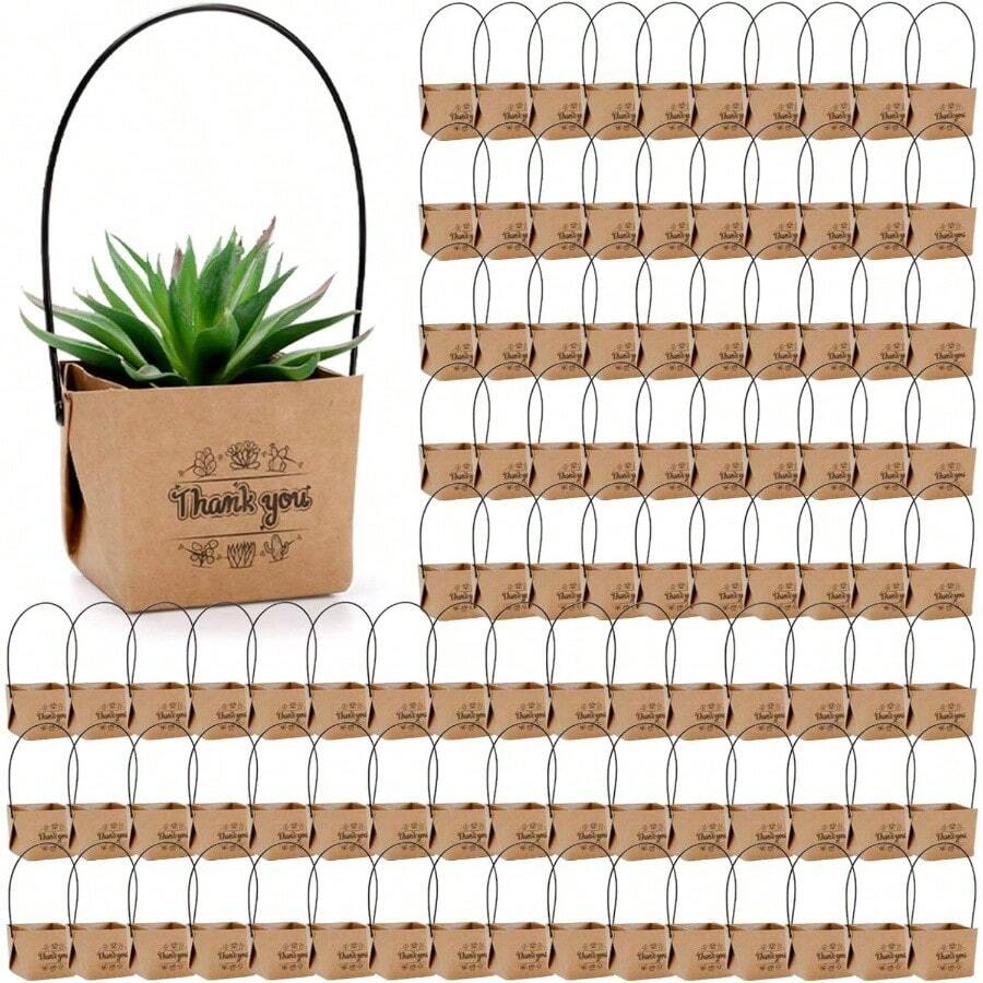 Pack Succulent Wraps Bags, Small Thank You Succulent Box With Handles, Fits 2 Inch Pots, Waterproof Kraft Paper Succulent Party Favors Guests Plants Decoration Wedding - Kraft Paper Color - View 1