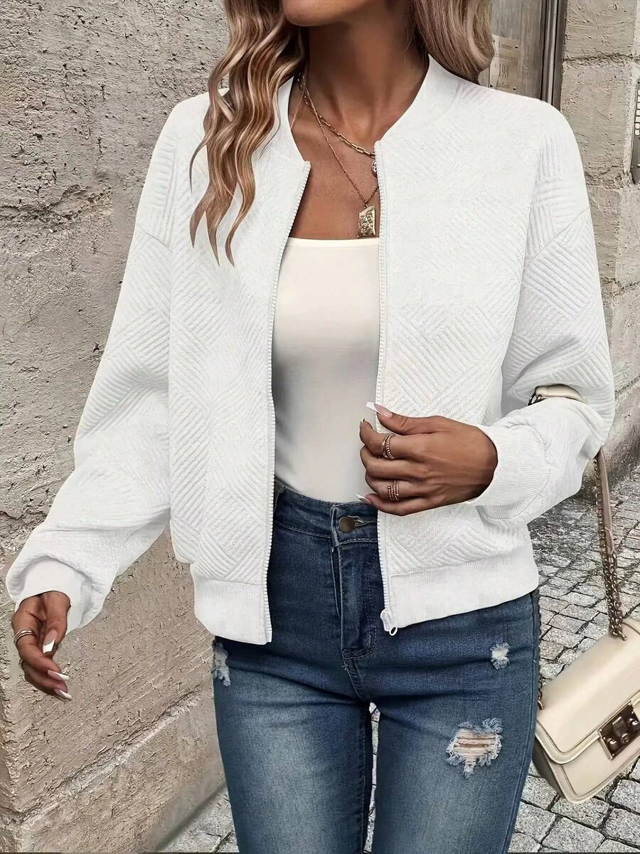 Women's Casual Solid Green Zipper Jacket - Lightweight Polyester Fabric, Textured Surface, Machine Washable, Ideal Choice For Spring/Summer Fashion - 白色 - 查看 1