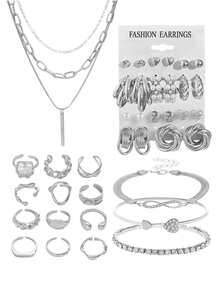 68/58/35pcs Vintage  Elegant And Sophisticated Faux Pearl, Bowknot, Stars, Moon, Rhinestone, Wide Copper Hoop, Snake Bone Chain, Twist Chain, Geometric Wide C-Shape Earrings, Earrings Clip, Necklace, Bracelet Jewelry Set For Holiday, Party, Date