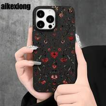 Hermosas fundas y carcasas protectoras para teléfono con diseño de flores rojas y orificios grandes. Compatibles con phone 16 Pro Max, 16, 15 Pro, 14, 14 Plus/14 Pro Max, 13, 13 Pro, 12 Pro, 11/11 Pro. Regalos para cumpleaños y festividades - Negro - Ver 7