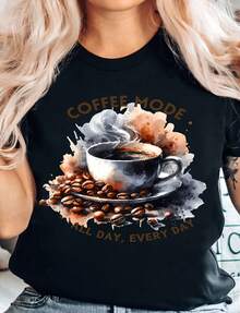 Coffee-Themed Printed T-Shirt, A Shirt For Coffee Lovers, A Gift For Coffee Enthusiasts, Coffee Style All Day Every Day.Vintage Clothes Women Halloween Clothes Halloween Women's T-Shirt 220g High-Quality Pure Cotton T-Shirt With Minimalist Printing, Soft And Breathable Fabric - Black - View 1