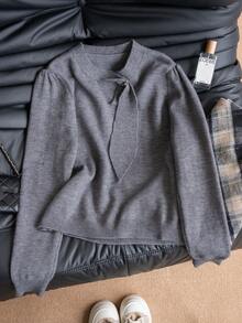 Grey Ribbon Sleeve Hollow Out Knit Sweater For Women, Soft Base Layer, Commuter Style, Autumn/Winter