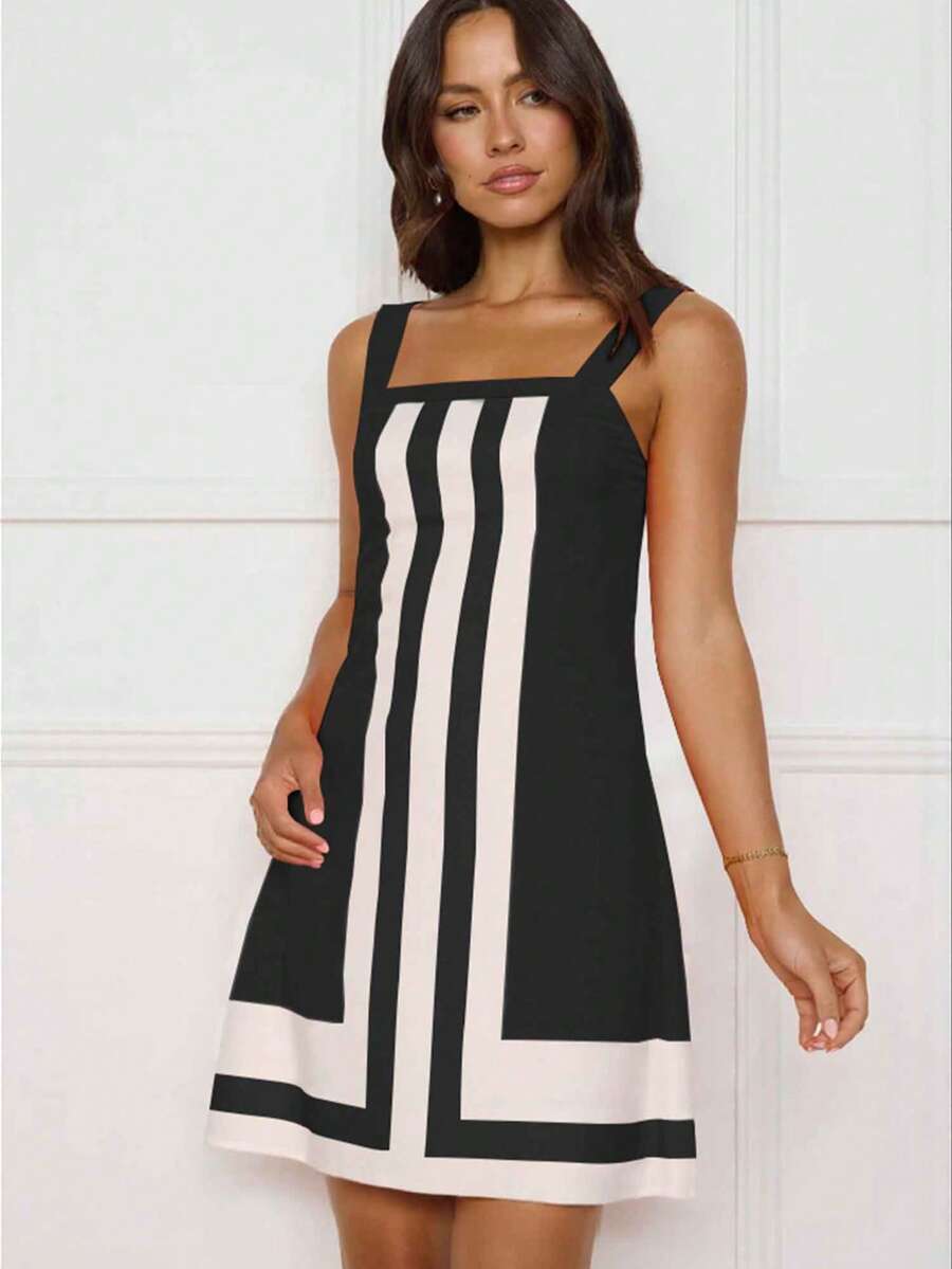 Summer Women's Striped Mini Dress – Square Neck Color Block Short Sundress, Sexy Beach Vacation Outfit, Club Party Casual Dress, Y2K Cute Fashion Outfit - 黑白 - 查看 1