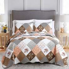 Floral Plaid Patchwork Quilt Set King Size, Reversible Brown Bedding Set Soft Microfiber Lightweight Bedspread Coverlet 3 Piece All - Season Use (104x90 Inches) - 紫色 - 查看 7