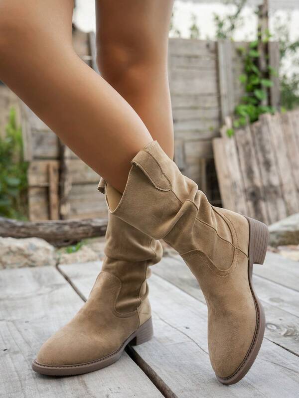 Plissierte Stiefel bis zur Wadenmitte, Neue Damen Herbst Wildleder Retro Lässig Plateau Absatz Western Stiefel, Khaki Farbe vielseitig Outdoor bequeme flache Schaft Mode Stiefel, Party