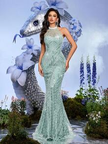 Đầm dạ hội mùa hè thanh lịch kiểu nữ thần LUVISTRUE, đầm dự tiệc trang trọng dành cho nữ, đầm sinh nhật, phù hợp cho các buổi tiệc trang trọng, lễ tốt nghiệp, tiệc cocktail, đầm màu sâm panh hở lưng thắt nơ. - Màu xanh bạc hà - Xem 4