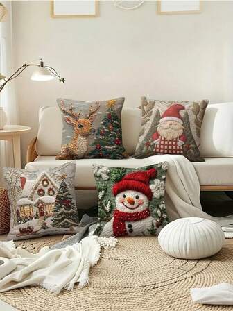 1/2/4 件节日圣诞节抱枕套 - 柔软涤纶，2D 平面印花，拉链开合，鹿、圣诞老人、雪人和小屋图案，可机洗，非常适合节日装饰和家居装饰（仅限枕套），圣诞枕套