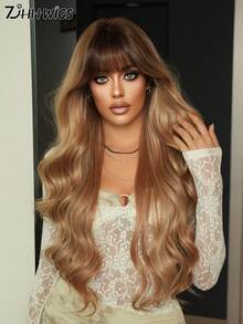 7JHH WIGS Champagne Blonde Ombre Wigs Loose Extra Long Wavy Wigs For Women, Synthetic Wave Curly Wig With Bangs Dark Roots, Silky Soft Heat Resistant Fiber Hair For Daily Wear, Music Festivals Celebrations Party Use 30 Inch - 亞麻金 - 查看 4