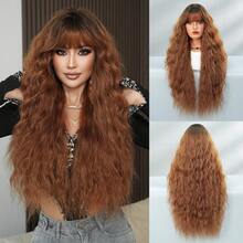 7JHH WIGS Auburn Brown Wig Loose Extra Long Wavy Wigs For Women, Reddish-Brown Synthetic Wave Curly Wig With Bangs Dark Roots Hairline, Silky Soft Heat Resistant Fiber Hair For Daily Wear, Music Festivals Celebrations Party Use 30 Inch - 摩卡棕 - 查看 10