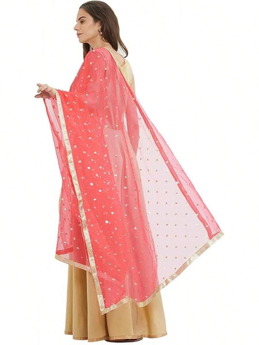 Woman's Embellished Net Dupatta Scarf Shawl Wrap Soft Bridal Wedding - Coral - 查看 1