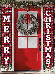 2pcs/Set Christmas Decoration Door Couplets, Red Black Plaid Santa Claus Snowman Pattern Door Banners, Merry Christmas Party Decoration Background Cloth, Christmas Indoor/Outdoor Porch Wall Decoration Hanging Flags, Christmas Entrance Door Front Door Decoration, Christmas Courtyard Garden Decoration