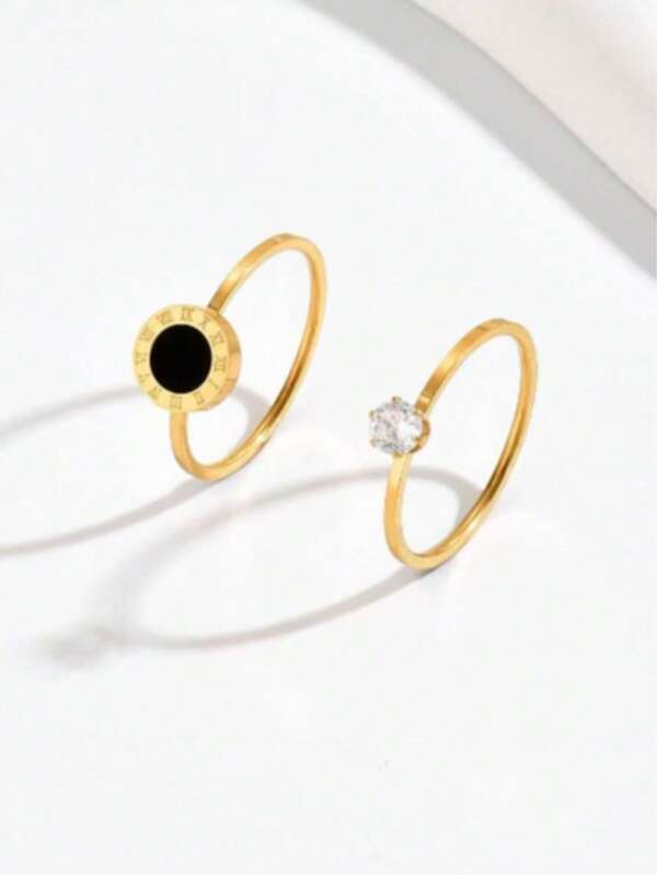 2pcs Fashionable Zirconia Roman Numeral Rings, Accessories