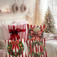 1 pieza Funda decorativa cuadrada para cojín con estampado navideño de rayas rojas y blancas, lazo a rayas rojas y blancas vintage, flores, guirnaldas florales y otros patrones, funda de cojín suave para decoraciones navideñas en la fiesta, el hogar, la sala, el sofá y la silla