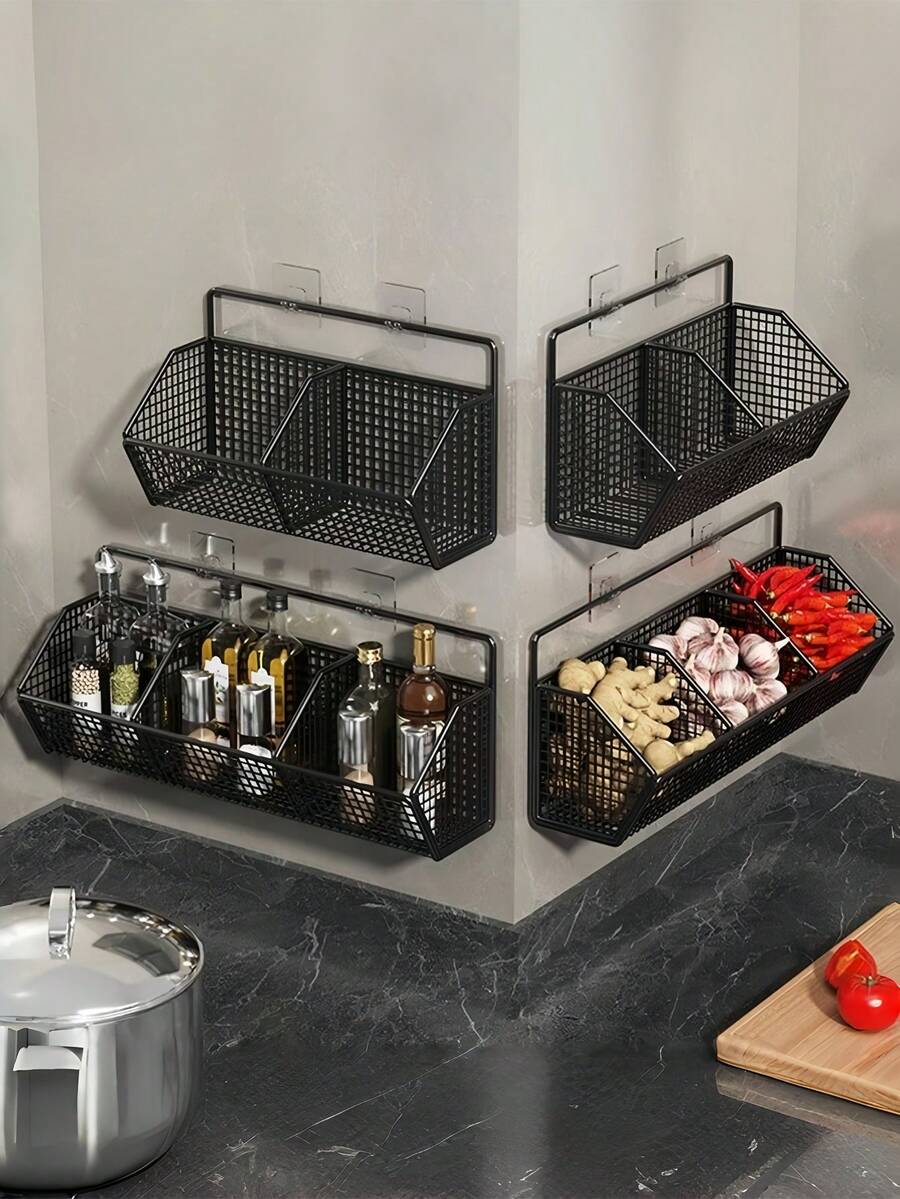 1 件壁挂式储物篮、调料架收纳架、免钻孔粘性挂架、金属网厨房收纳架、带隔板的浴室淋浴收纳架，适用于食品储藏室、宿舍、家庭整理必备的节省空间的解决方案