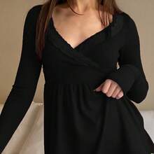 Awevudst Womens Rib Knitted Lace Trim Wrap V Neck Long Sleeve Peplum Tops Slim Fit Fairycore T-Shirts Harajuku Vintage Clothes Y2K Streetwear Blouse Tee Tops Casual Going Out Tops - 黑色 - 查看 5