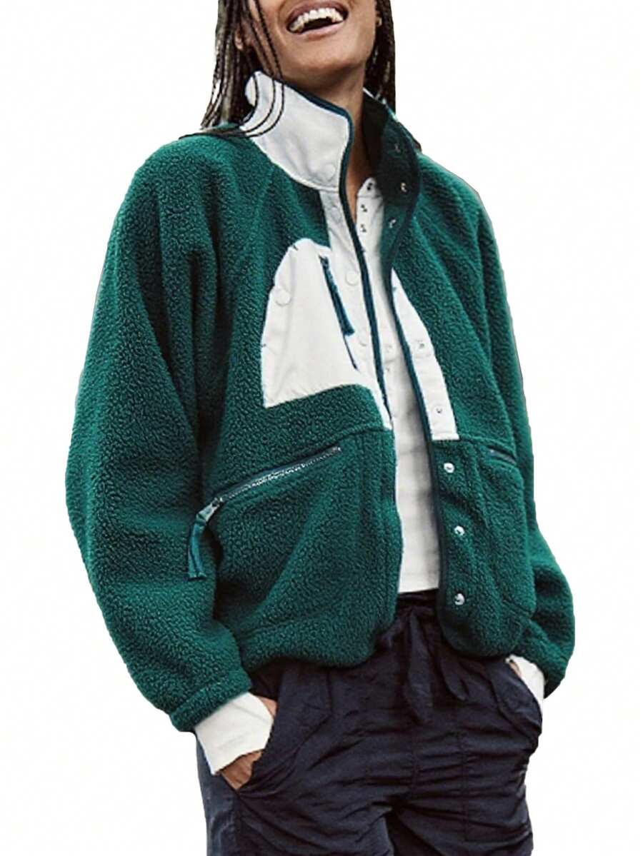 Women's Pellet Fleece Short Winter Cotton Jacket Buttoned Hoodless Coat Jacket - Green - View 1