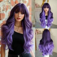 7JHH WIGS Stylish Purple Balayage Wigs Extra Long Wavy Wig With Bangs, High Density Heat-Resistant Fiber Hair, Fluffy Natural Synthetic Wave Curly Wigs For Women Halloween Party Use 28 Inch Cosplay Costume Wig Accessories - 挑染紫色 - 查看 11