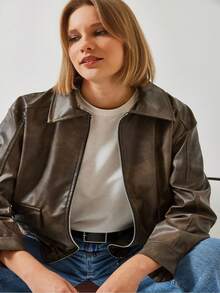 Women's Shirt Collar Antique Leather Jacket 2609 60351264 - Brown - View 2