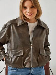 Women's Shirt Collar Antique Leather Jacket 2609 60351264 - Brown - View 4