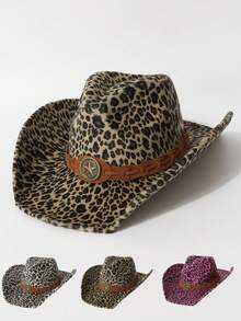 1pc Women's Leopard Print Denim Panama Hat, Suitable For Cowboy Themed Events, Festivals, Birthdays, Cosplay, Outdoor Activities, Daily Wear